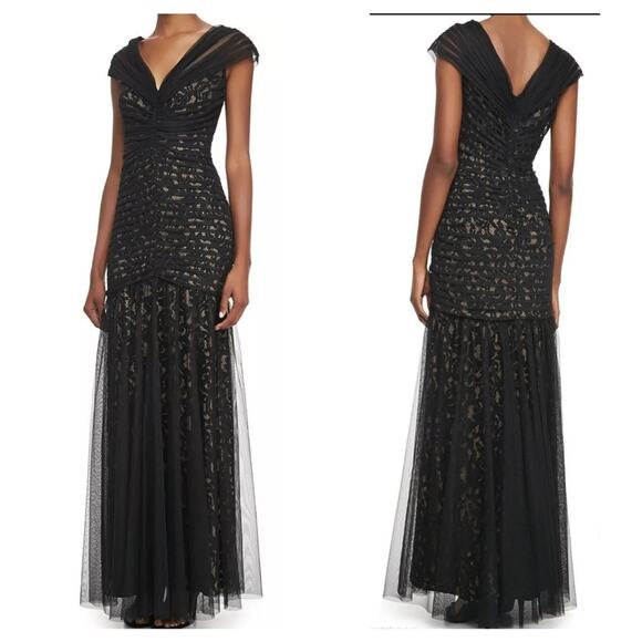 Tadashi Shoji Lace Ruched Tulle Overlay Black Nude Mermaid Dress Gown Size 10 - Picture 1 of 6